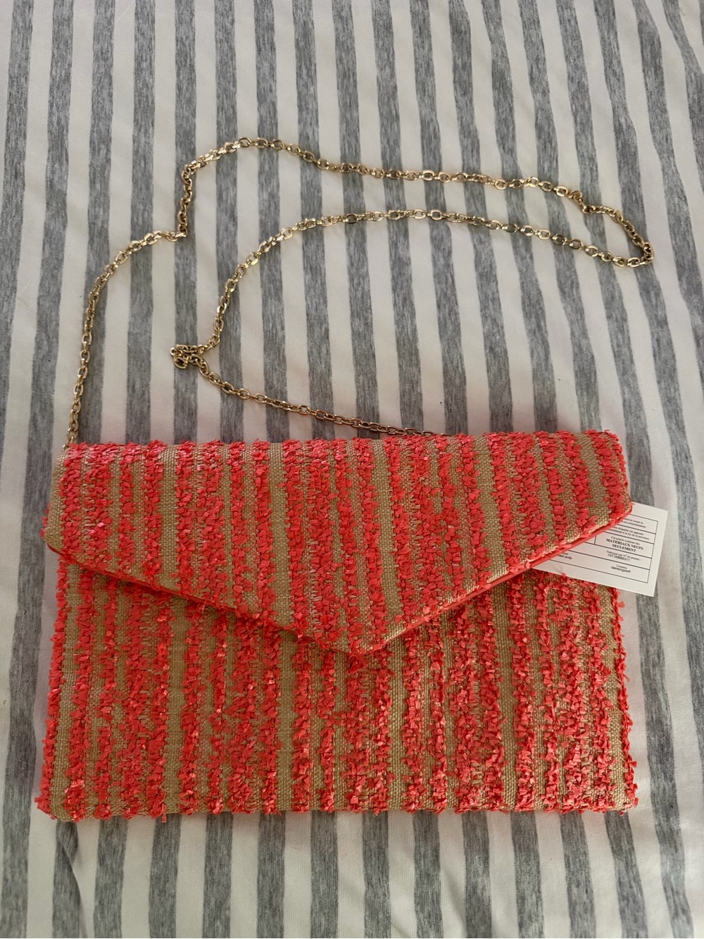 New Vici Collection Woven Coral Stripe Envelope Crossbody Bag with Gold Chain